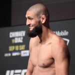 : Khamzat Chimaev weighs in for their UFC 279 bout during the official weigh-ins on September 9, 2022, at the UFC APEX in Las Vegas, NV