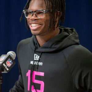Colorado defensive back Travis Hunter (DB15) during the 2025 NFL Combine at Lucas Oil Stadium.