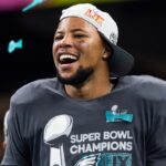 Philadelphia Eagles running back Saquon Barkley (26) celebrates after defeating the Kansas City Chiefs during Super Bowl LIX at Ceasars Superdome.