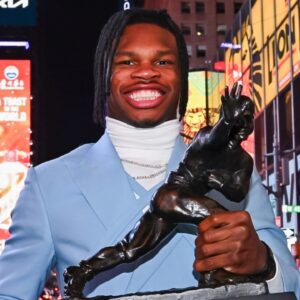 Dec 14, 2024; New York, NY, USA; Colorado Buffaloes wide receiver/cornerback Travis Hunter after winning the 2024 Heisman Trophy.