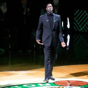 Basketball Hall of Fame and former Boston Celtic Kevin Garnett shows emotion as he is introduced during his number retirement ceremony after game between the Boston Celtics and the Dallas Mavericks at TD Garden.