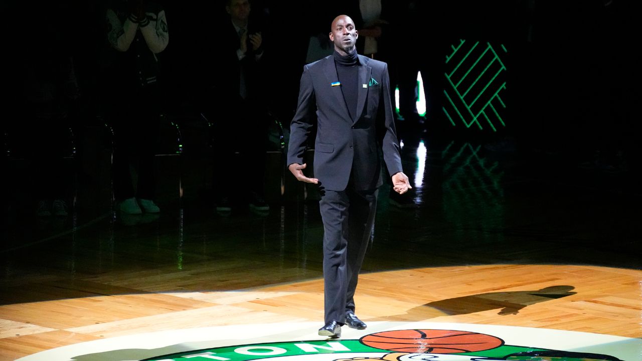 Basketball Hall of Fame and former Boston Celtic Kevin Garnett shows emotion as he is introduced during his number retirement ceremony after game between the Boston Celtics and the Dallas Mavericks at TD Garden.
