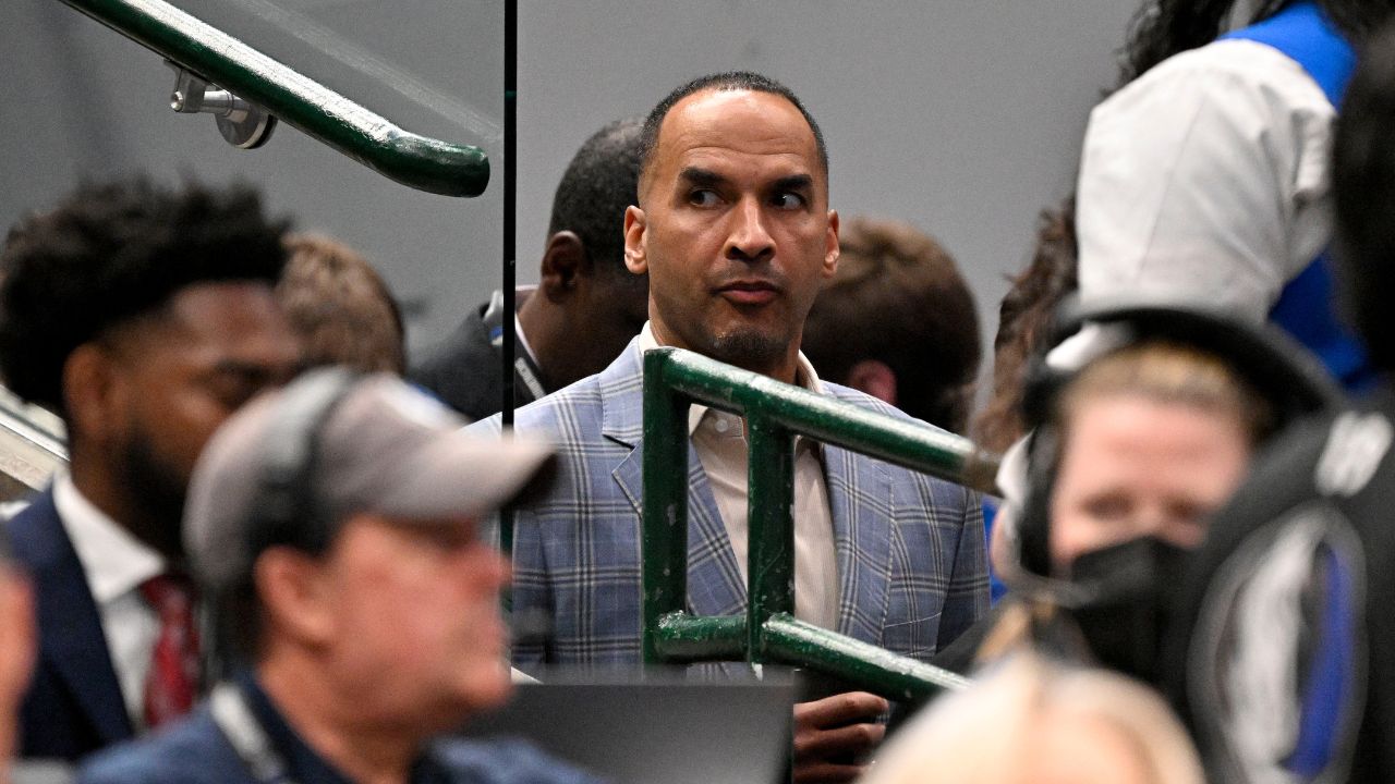 Dallas Mavericks general manager Nico Harrison look on during the third quarter against the Los Angeles Lakers at the American Airlines Center.