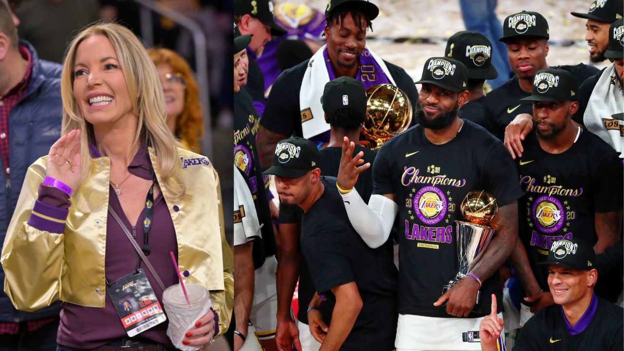Jeanie Buss (L), 2020 Championship winning Lakers (R)