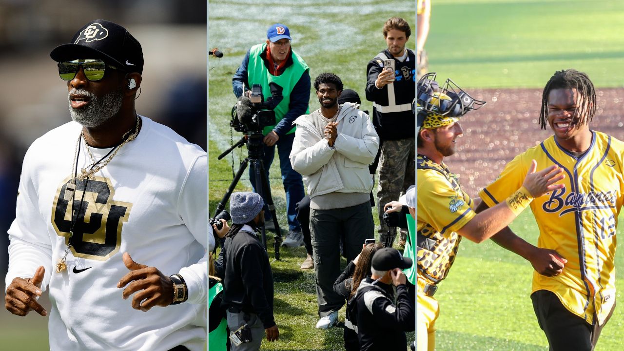 Colorado Buffaloes Head Coach Deion Sander, Shedeur Sanders and Travis Hunter