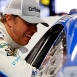Feb 14, 2025; Daytona Beach, Florida, USA; NASCAR Cup Series driver Brad Keselowski (6) talks to NASCAR Cup Series driver Chris Buescher (17) during practice for the Daytona 500 at Daytona International Speedway. Mandatory Credit: Peter Casey-Imagn Images