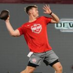 Ohio State Buckeyes quarterback Will Howard throws during the pro day for NFL scouts at the Woody Hayes Athletic Cente on March 26, 2025.