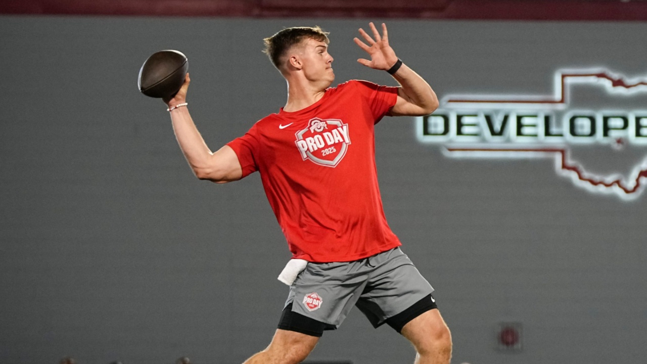 Ohio State Buckeyes quarterback Will Howard throws during the pro day for NFL scouts at the Woody Hayes Athletic Cente on March 26, 2025.