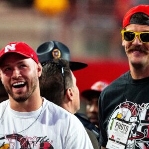Bussin’ With The Boys’ Will Compton and Taylor Lewan stand on the sideline during the third quarter between the Nebraska Cornhuskers and the Colorado Buffaloes at Memorial Stadium.