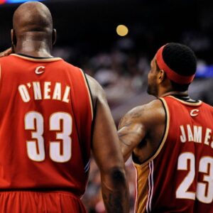 Cleveland Cavaliers center Shaquille O'Neal (33) and forward LeBron James (23) during the fourth quarter against the Philadelphia 76ers at the Wachovia Center. Cleveland defeated Philadelphia 108-101.
