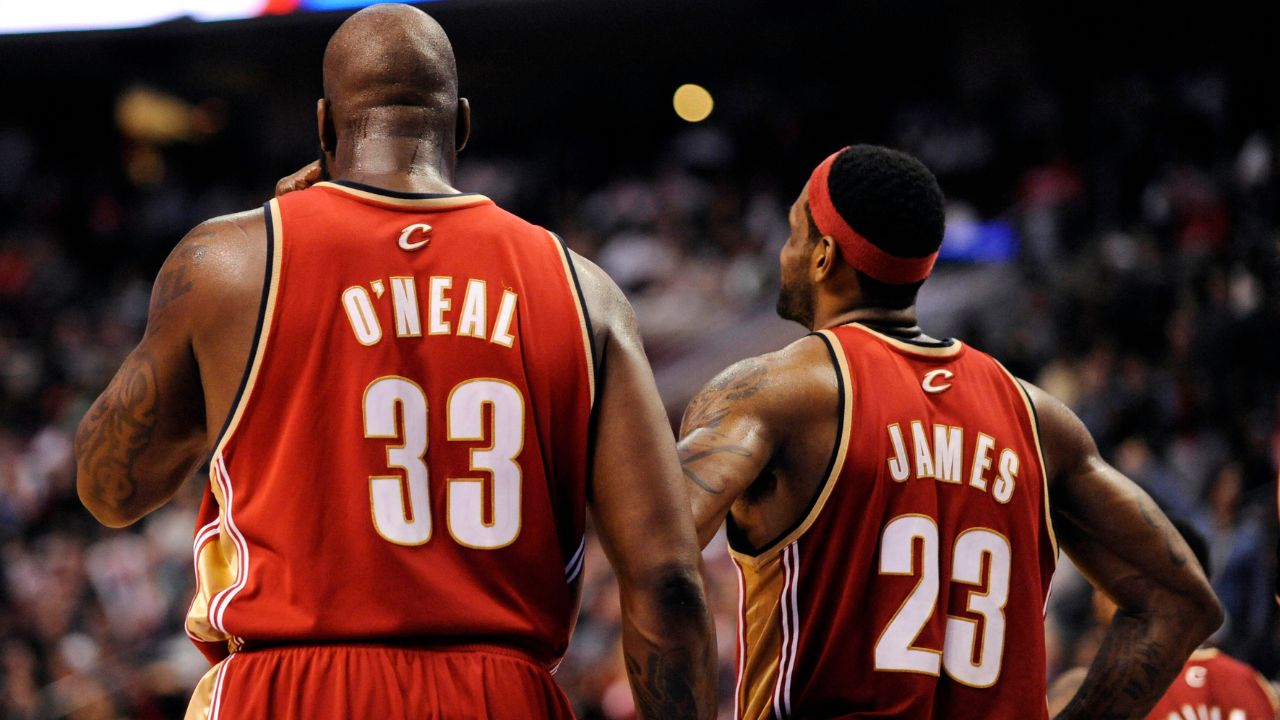 Cleveland Cavaliers center Shaquille O'Neal (33) and forward LeBron James (23) during the fourth quarter against the Philadelphia 76ers at the Wachovia Center. Cleveland defeated Philadelphia 108-101.