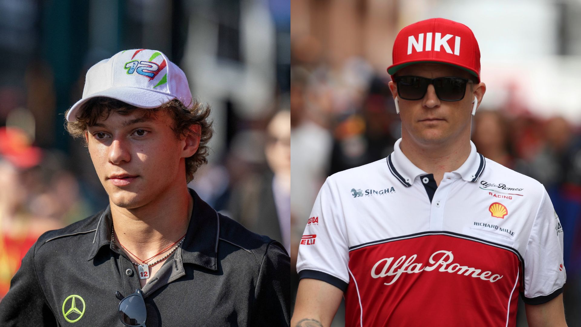 Kimi Antonelli (L) and Kimi Raikkonen (R)