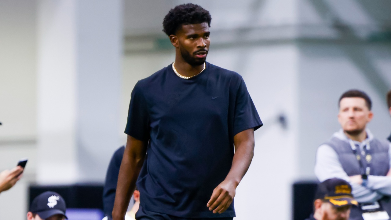 Apr 4, 2025; Boulder, CO, USA; Colorado Buffaloes quarterback Shedeur Sanders (2) runs drills at the University of Colorado NFL Showcase at the CU Indoor Practice Facility.