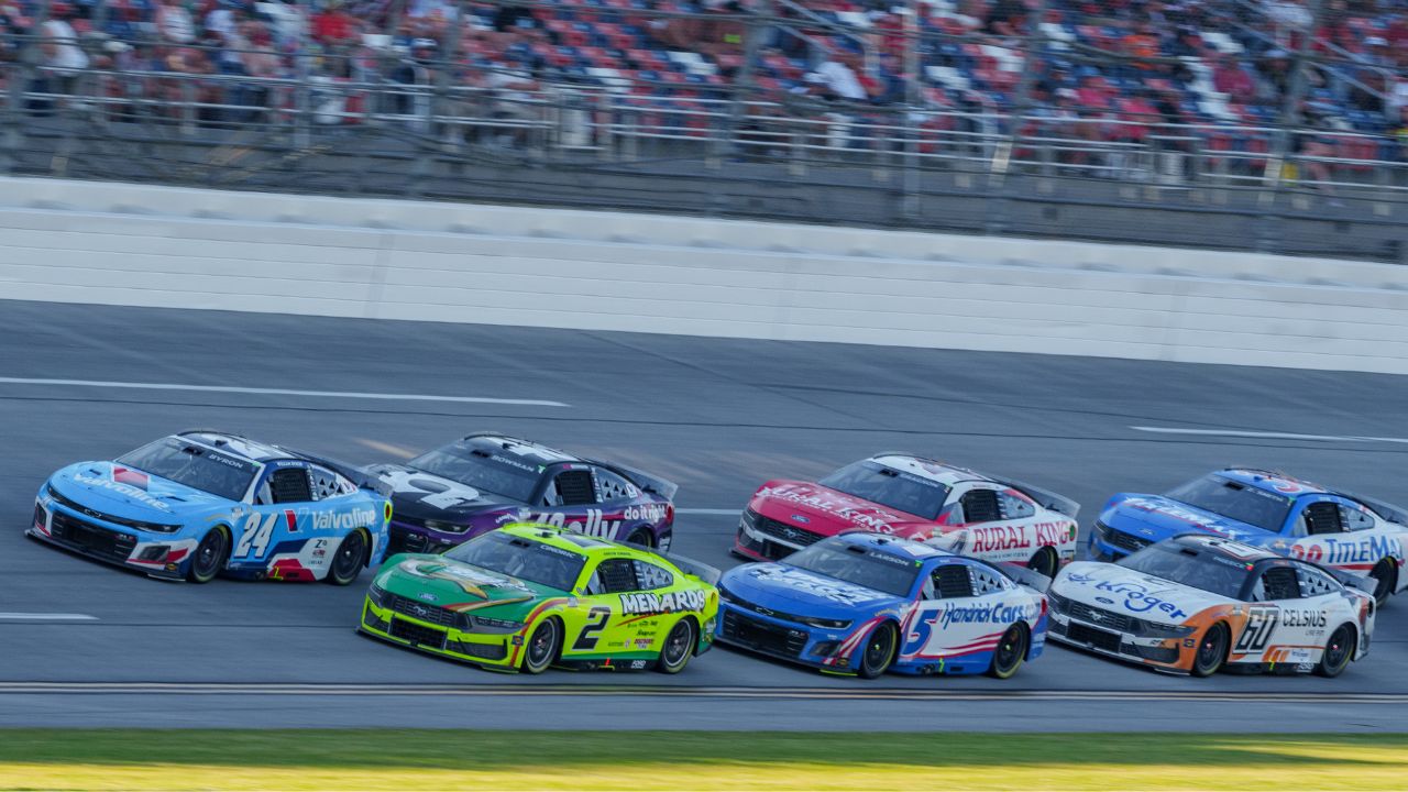 NASCAR Cup Series driver Austin Cindric (2) leads the pack into turn one at Talladega Superspeedway.