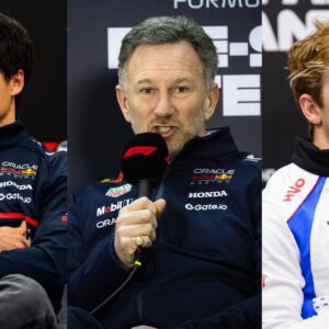Yuki Tsunoda (L), Christian Horner (M), and Liam Lawson (R)