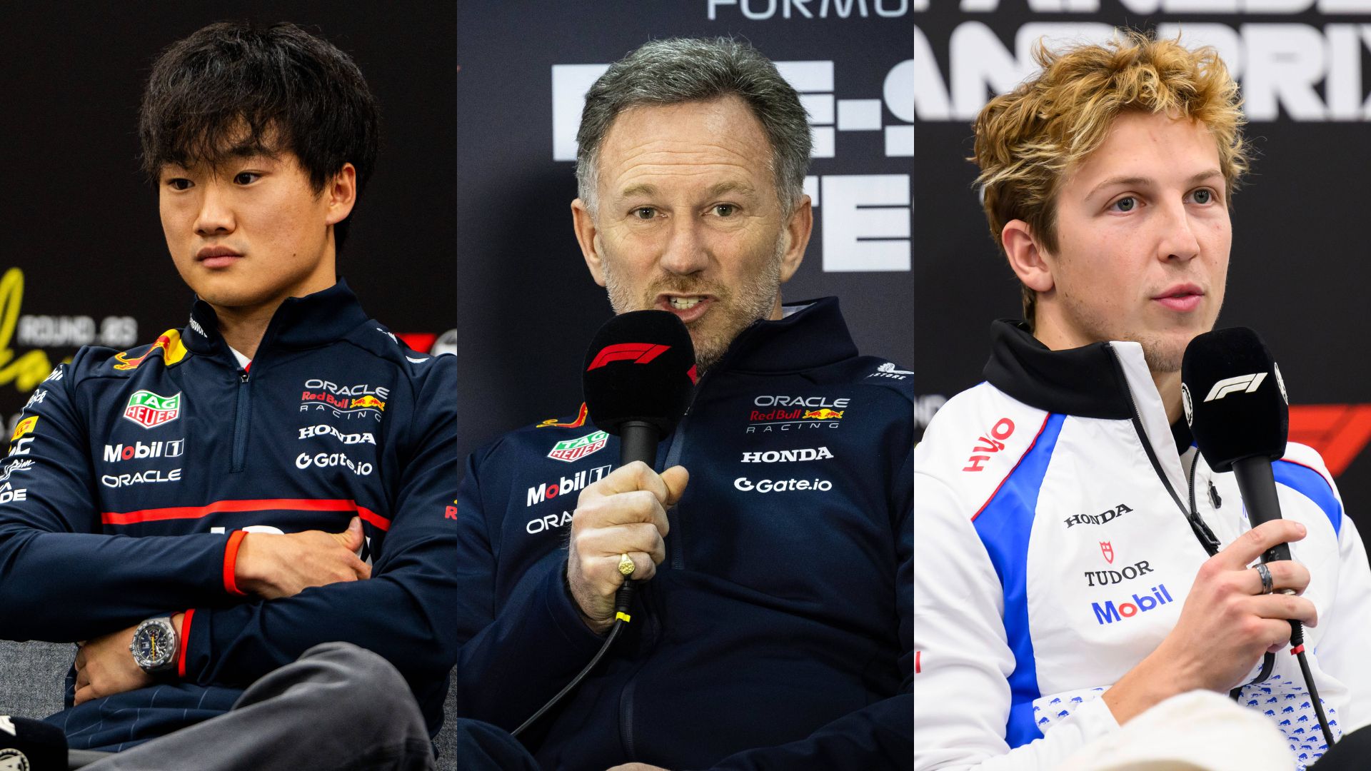 Yuki Tsunoda (L), Christian Horner (M), and Liam Lawson (R)