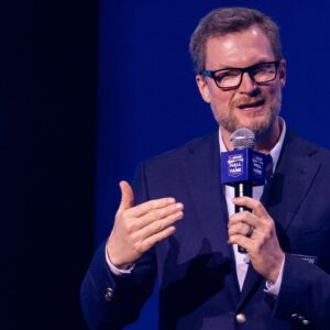 Former driver Dale Earnhardt Jr. talks about his future during the 2025 NASCAR Hall Of Fame inductions at Charlotte Convention Center Crown Ballroom.