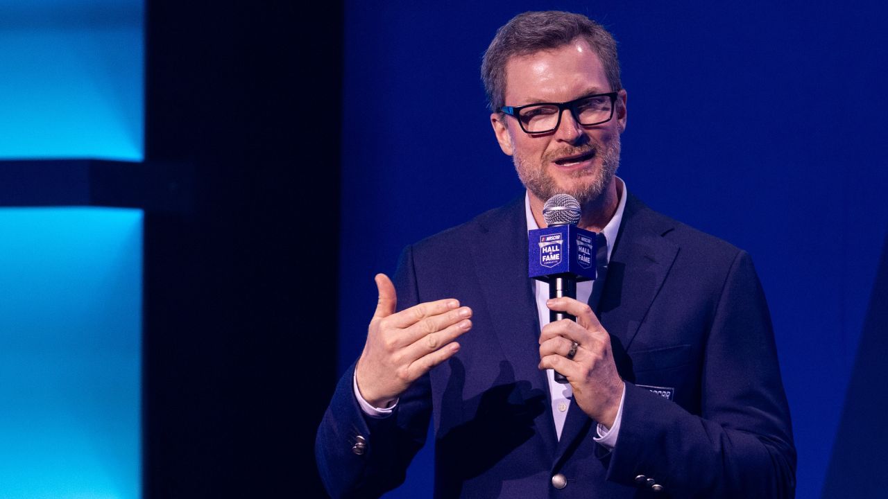 Former driver Dale Earnhardt Jr. talks about his future during the 2025 NASCAR Hall Of Fame inductions at Charlotte Convention Center Crown Ballroom.