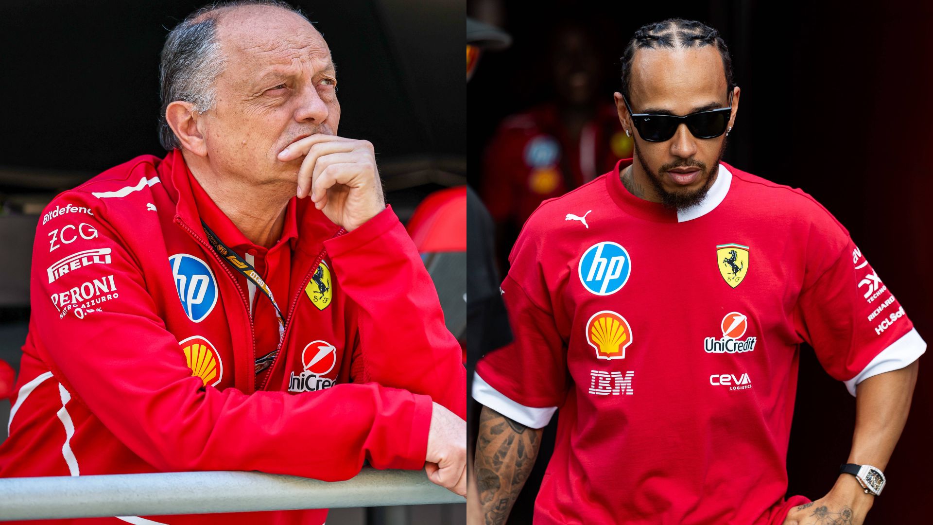 Frederic Vasseur (L) and Lewis Hamilton (R)