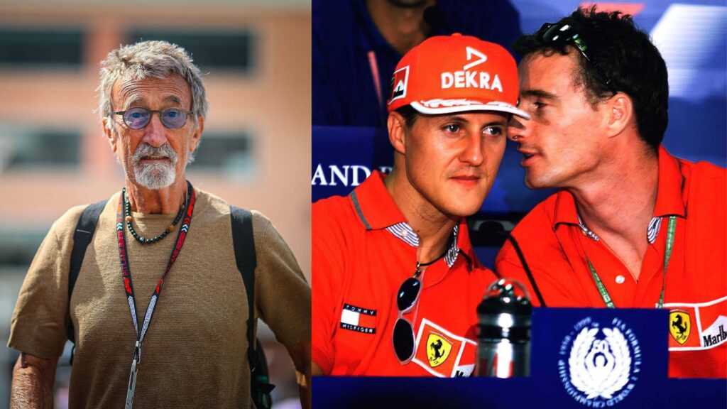 Eddie Jordan (L), Michael Schumacher and Eddie Irvine (R)