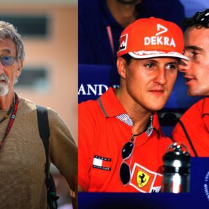 Eddie Jordan (L), Michael Schumacher and Eddie Irvine (R)