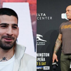 Ilia Topuria (L), Joe Rogan (R)