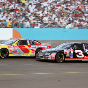 Oct 25, 1998; Avondale, Arizona, USA; NASCAR Winston Cup Series driver Terry Labonte (5) leads Dale Earnhardt Sr (3) during the Dura Lube 500 at Phoenix International Raceway. Mandatory Credit: Mark J. Rebilas-Imagn Images