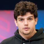 Louisiana State University offensive lineman Will Campbell (OL05) answers questions at a press conference during the 2025 NFL Combine at Indiana Convention Center.