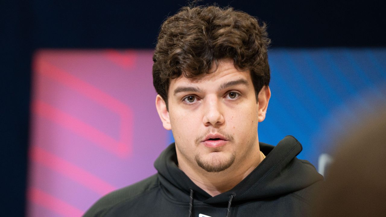 Louisiana State University offensive lineman Will Campbell (OL05) answers questions at a press conference during the 2025 NFL Combine at Indiana Convention Center.