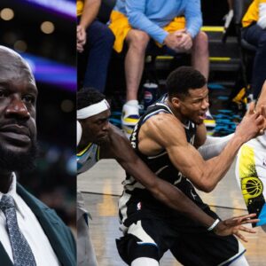 Shaquille O'Neal (L) and Giannis Antetokounmpo and Tyrese Haliburton (R)