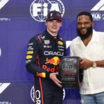 Max Verstappen of Red Bull Racing and Anthony Anderson after qualifying ahead of the Formula 1 Saudi Arabian Grand Prix at Jeddah Corniche Circuit in Jeddah, Saudi Arabia on April 19, 2025