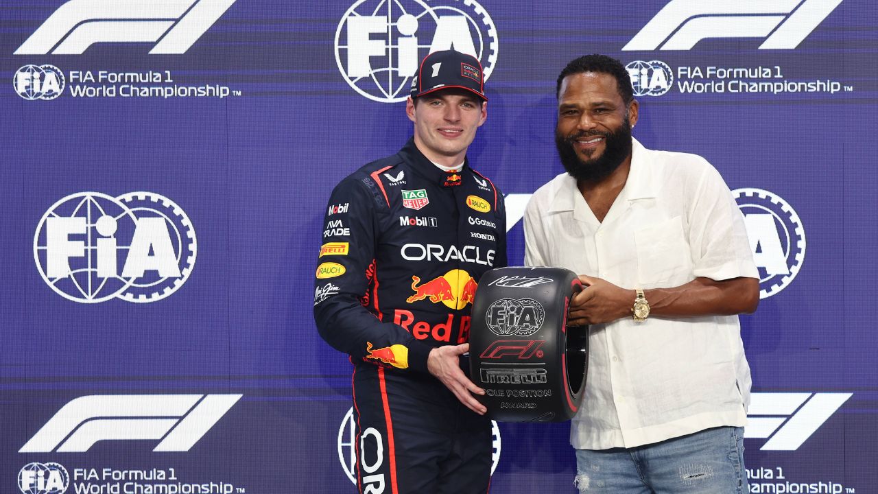 Max Verstappen of Red Bull Racing and Anthony Anderson after qualifying ahead of the Formula 1 Saudi Arabian Grand Prix at Jeddah Corniche Circuit in Jeddah, Saudi Arabia on April 19, 2025