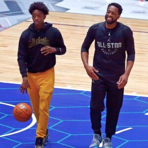 Feb 16, 2019; Charlotte, NC, USA; Team Lebron guard Dwayne Wade of the Miami Heat (3) with his son Zaire Blessing Dwyane Wade during NBA All-Star Game practice at the Bojangles Coliseum.