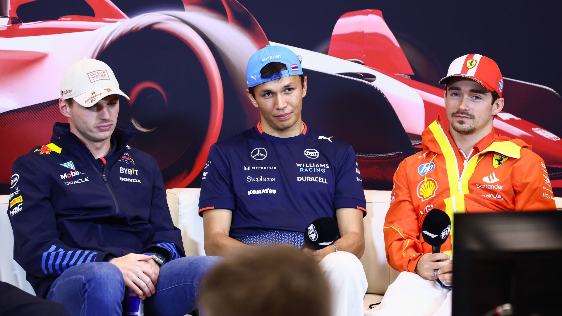 Max Verstappen of Oracle Red Bull Racing, Alexander Albon of Williams and Charles Leclerc of Ferrari attend a press conference, ahead of the F1 Grand Prix of Monaco