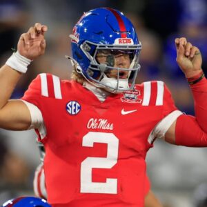 Mississippi Rebels quarterback Jaxson Dart (2) calls a play during the first quarter of the TaxSlayer Gator Bowl Thursday, Jan. 2, 2025 at EverBank Stadium in Jacksonville, Fla.