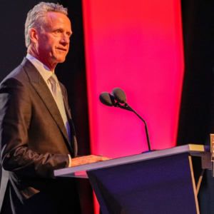 Nov 22, 2024; Charlotte, NC, USA; NASCAR President Steve Phelps speaks during the NASCAR Awards Banquet at Charlotte Convention Center. Mandatory Credit: Jim Dedmon-Imagn Images