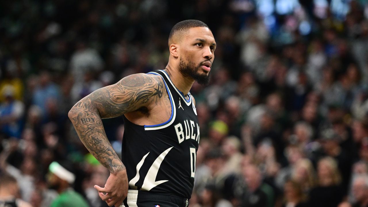 Milwaukee Bucks guard Damian Lillard (0) looks on in the first quarter during game four against the Indiana Pacers of first round for the 2024 NBA Playoffs at Fiserv Forum. Lillard left the game early in the in the first quarter with an injury.