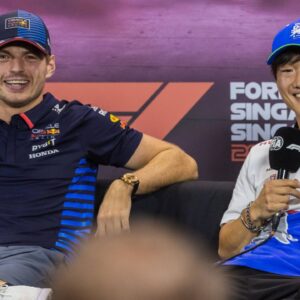Marina Bay Street Circuit, Singapore, Singapore. 19.September.2024; Max Verstappen and Yuki Tsunoda attend the press conference
