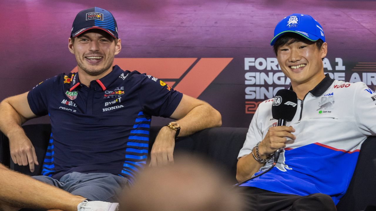 Marina Bay Street Circuit, Singapore, Singapore. 19.September.2024; Max Verstappen and Yuki Tsunoda attend the press conference