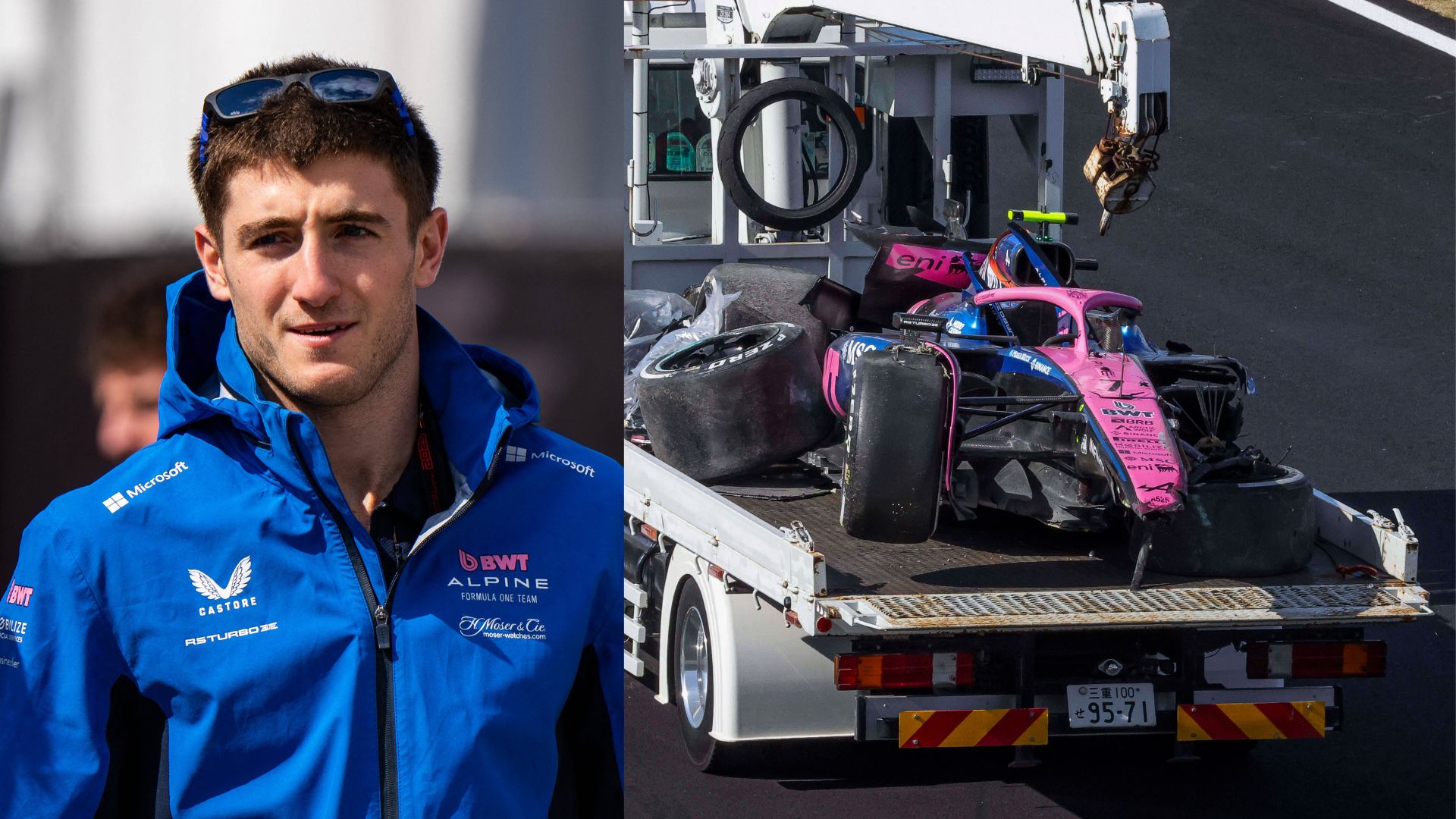 Jack Doohan (L) and His Crashed Alpine car at Suzuka (R)