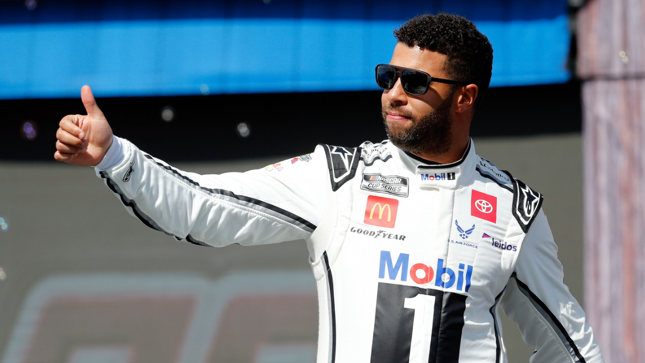 NASCAR Cup Series driver Bubba Wallace (23) walks out onto the stage for driver introductions before the EchoPark Automotive Grand Prix at Circuit of the Americas.