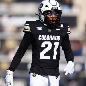 Colorado Buffaloes safety Shilo Sanders (21) reacts in the second quarter against the Oklahoma State Cowboys at Folsom Field.