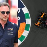 Christian Horner (L), Oscar Piastri (MCL) and Max Verstappen (RBR) at turn 1 of the Jeddah Corniche Circuit (R)