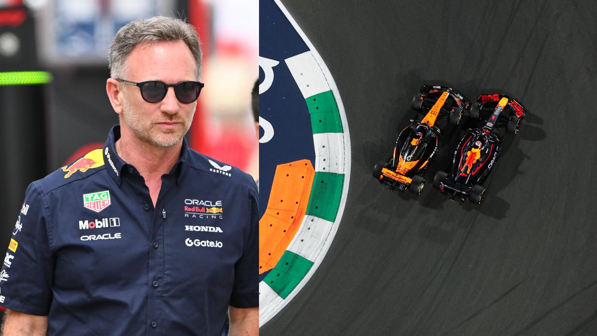 Christian Horner (L), Oscar Piastri (MCL) and Max Verstappen (RBR) at turn 1 of the Jeddah Corniche Circuit (R)