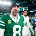 New York Jets quarterback Aaron Rodgers (8) is shown after he led Gang Green to a 32-20 victory against the Miami Dolphins, on Jan. 5, 2025, in East Rutherford, N.J.