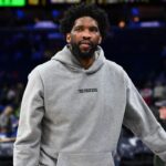 Philadelphia 76ers center Joel Embiid looks on after the game against the Indiana Pacers at Wells Fargo Center.
