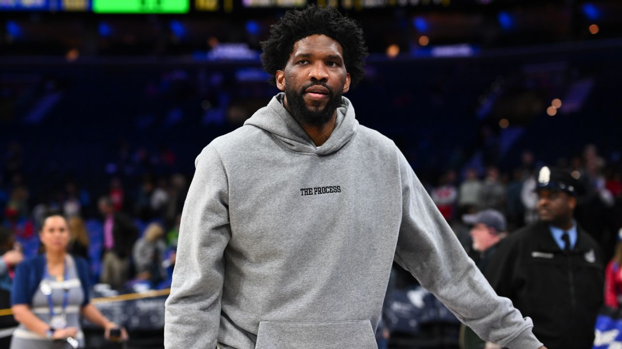 Philadelphia 76ers center Joel Embiid looks on after the game against the Indiana Pacers at Wells Fargo Center.