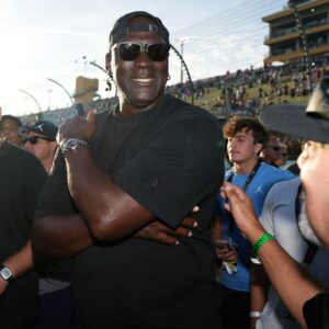 23XI owner Michael Jordan celebrates after his driver NASCAR Cup Series driver Tyler Reddick (not pictured) won the Straight Talk Wireless 400 at Homestead-Miami Speedway.