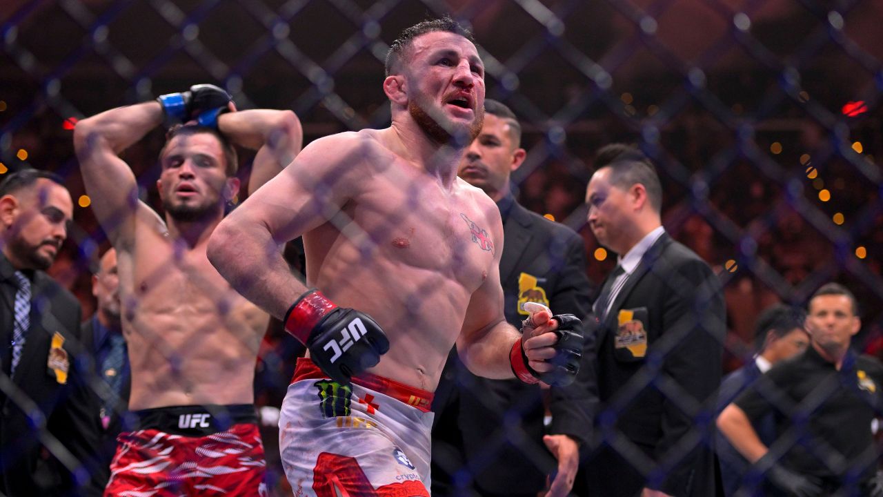 MERAB DVALISHVILI (19-4-0) of Tbilisi, Georgia defeats UMAR NURMAGOMEDOV (18-1-0) of Kizilyurt, Russia by unanimous decision (48-47, 48-47, 49-46) during UFC 311 at the Intuit Dome, Inglewood, California Inglewood USA