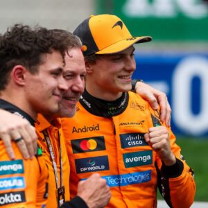 FORMULA 1 CHINESE GRAND PRIX 2025 RACE DAY OSCAR PIASTRI (AUS) of McLaren Racing 81, LANDO NORRIS (GBR) of McLaren Racing 4 and ZAK BROWN celebrating after the race on the track during the FORMULA 1 HEINEKEN CHINESE GRAND PRIX 2025 RACE DAY at the Shanghai Audi International Circuit, Shanghai, China on 23 March 2025